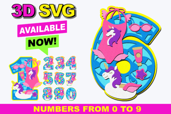 Unicorn Swimsuit Numbers 3D SVG for Creative Projects
